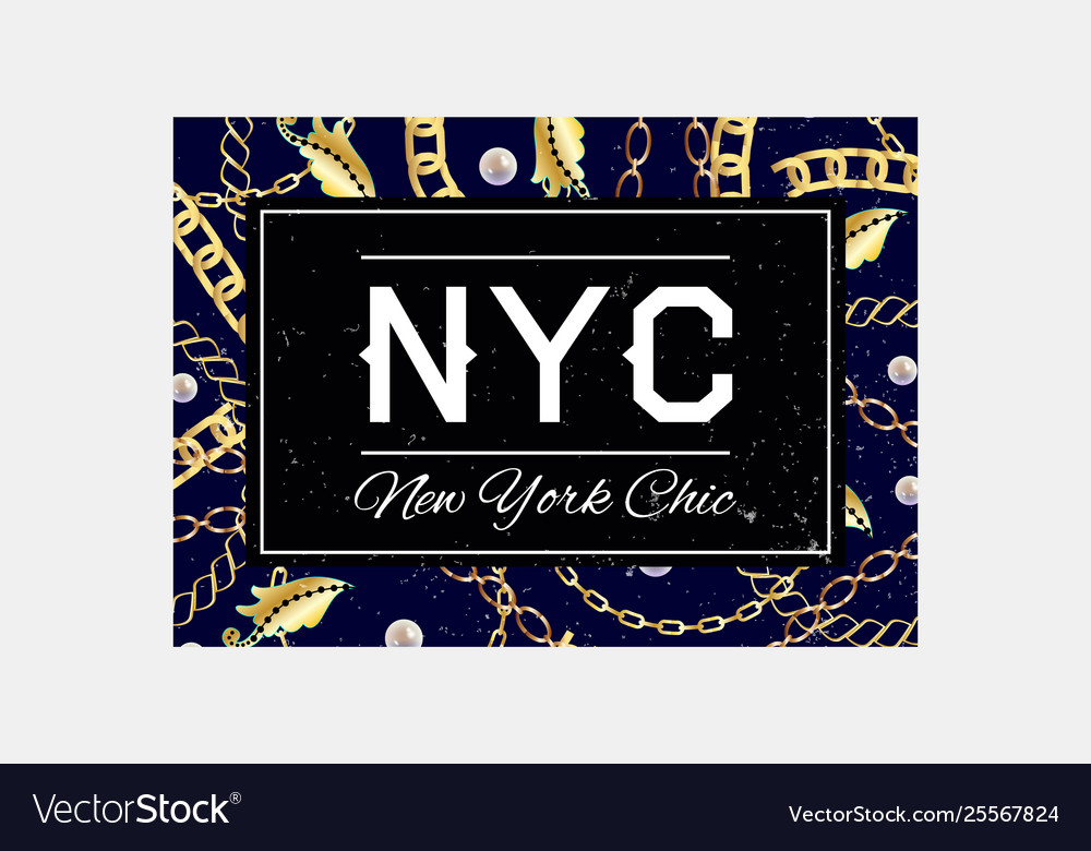 Nyc slogan typography on gold chain pattern vector image Nyc slogan typography on gold chain pattern