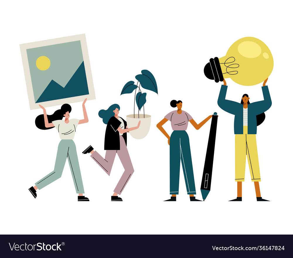 Young women group lifting objects characters Vector Image