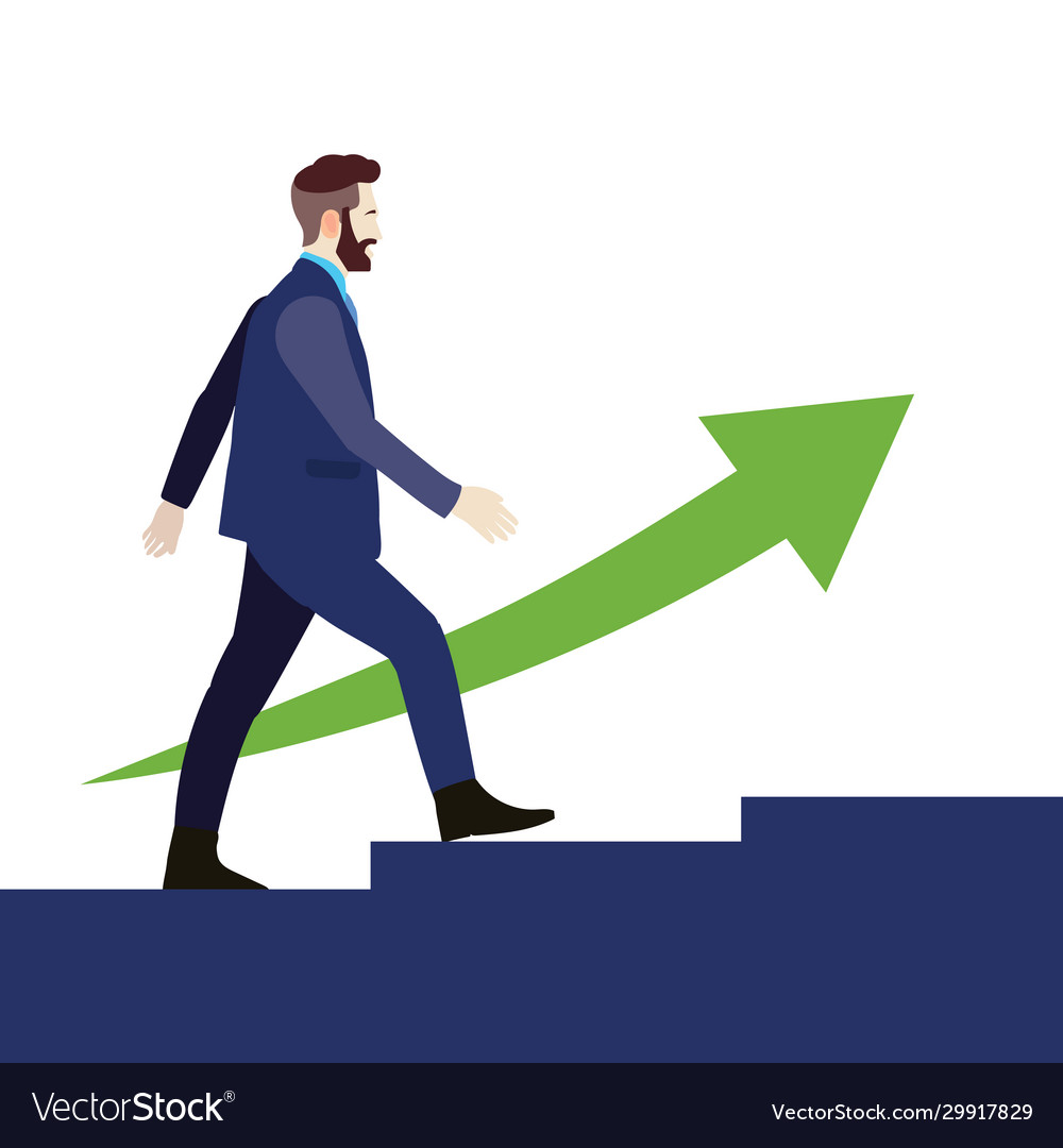 Businessman walking up stair with green arrow