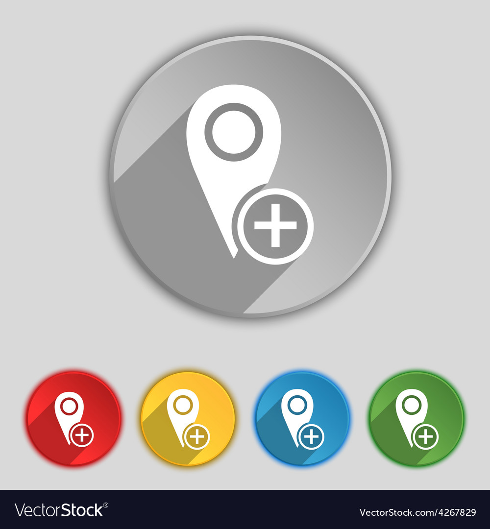Map pointer icon sign symbol on five flat buttons