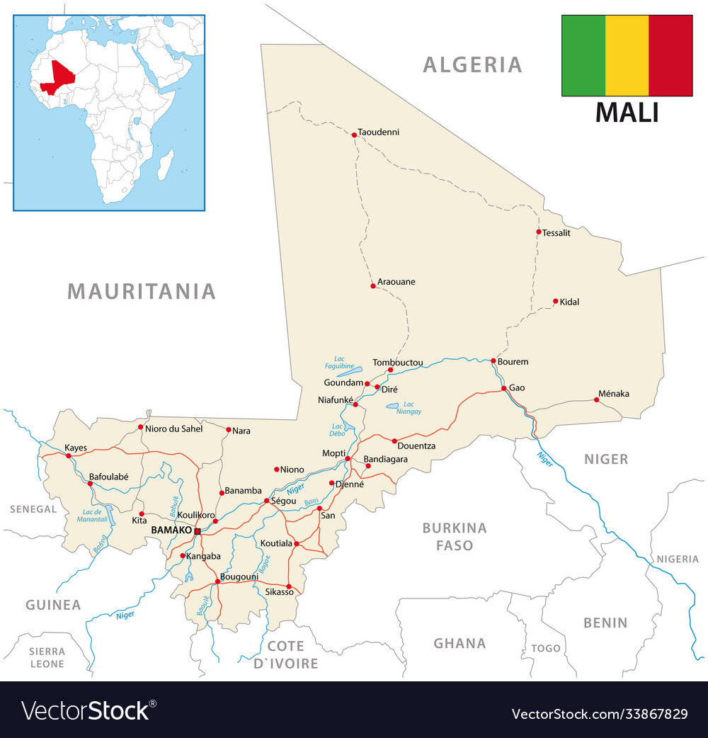 Road map republic mali with flag