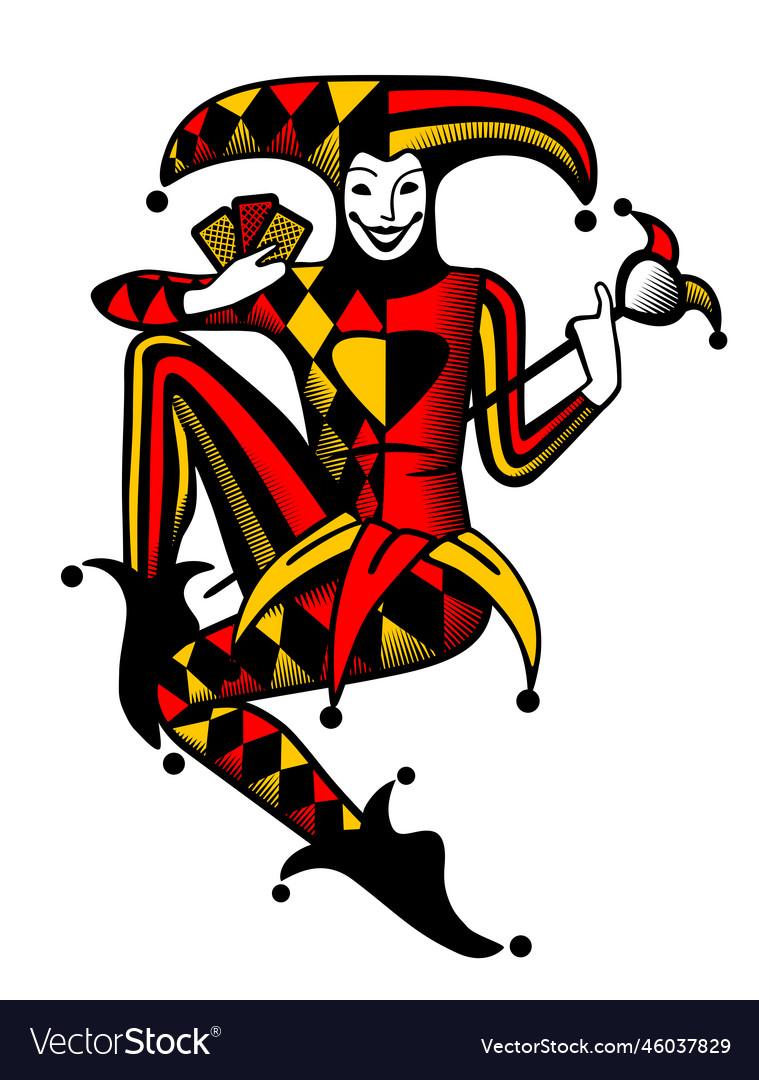 Smiling and dancing joker with playing cards Vector Image