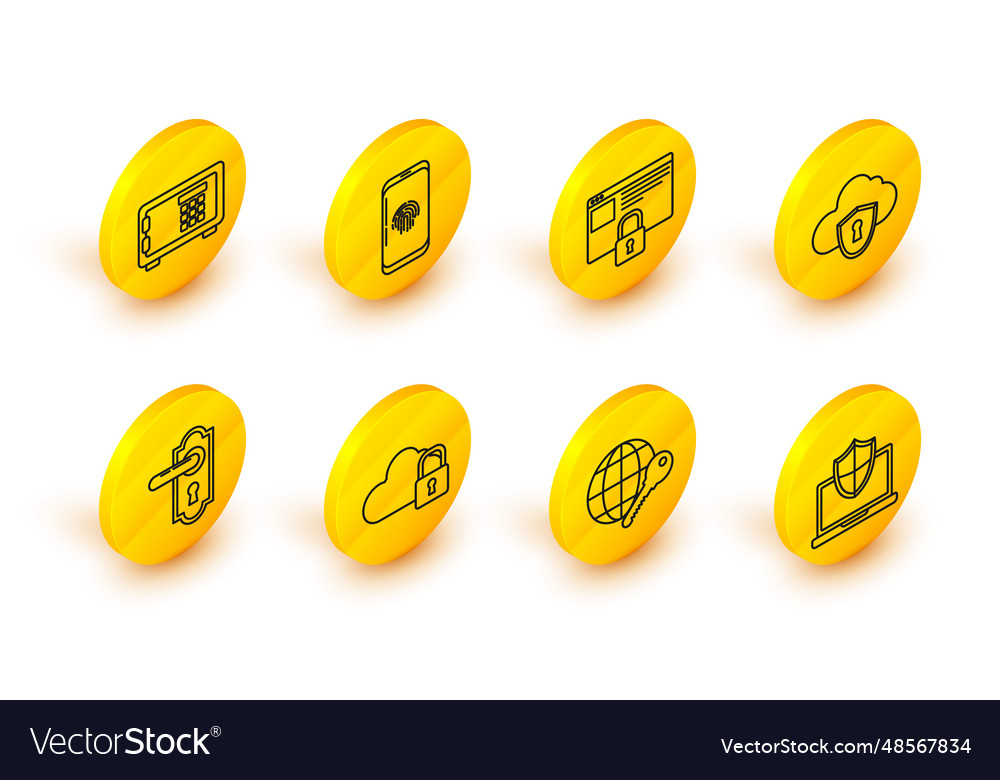 Set line laptop protected with shield globe key Vector Image Set line laptop protected with shield globe key