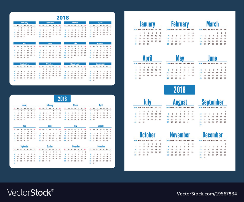 Set simple pocket calendar years week starts from Vector Image