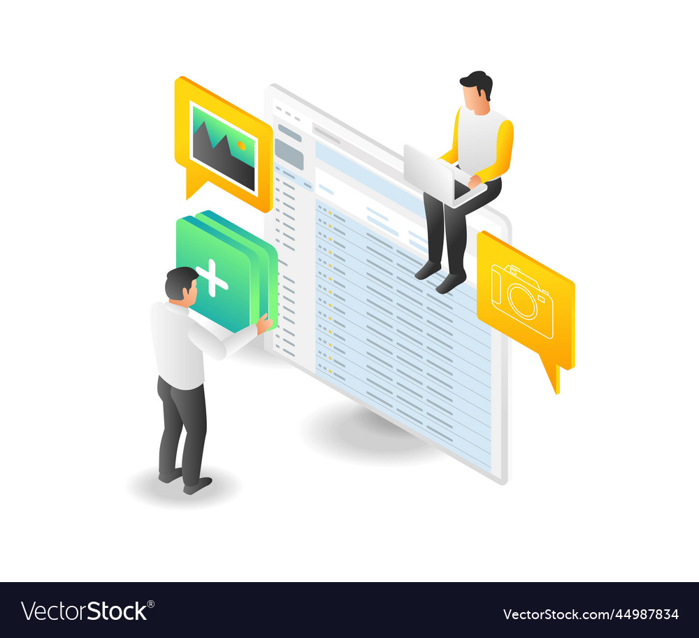 Two men are setting data on the monitor vector image Two men are setting data on the monitor