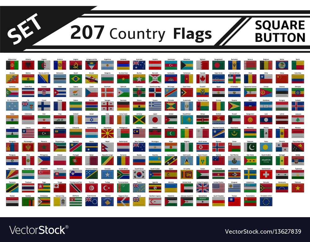 207 countries flags square button Royalty Free Vector Image