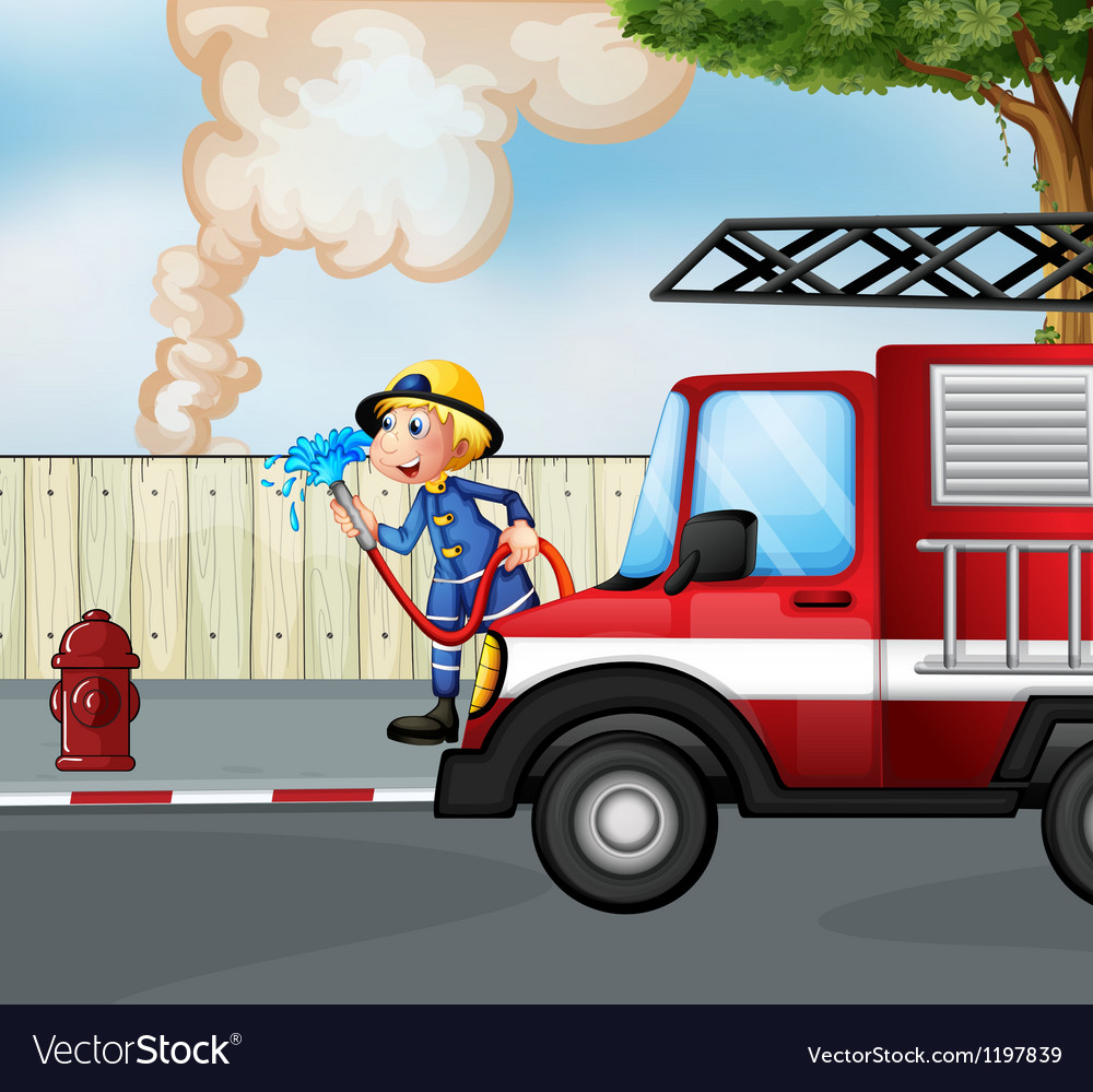 A fireman rescuing a fire near the street Vector Image