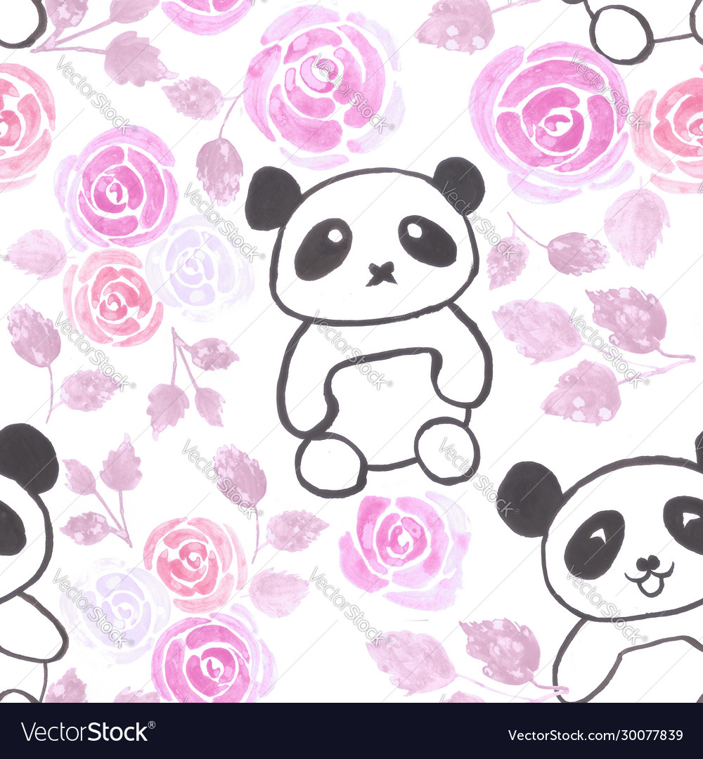 Pandas and pink roses seamless background