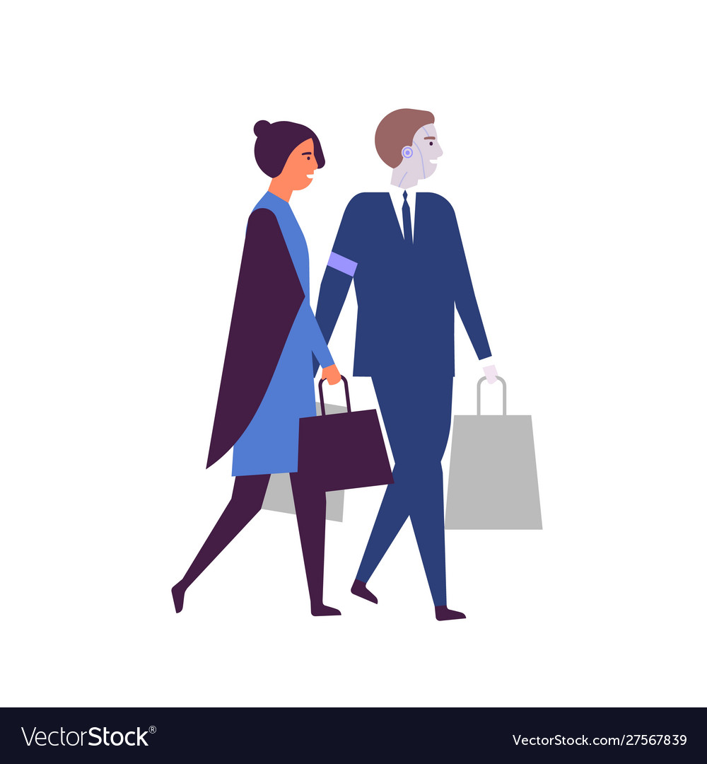 Woman and robotized assistant with shopping bags