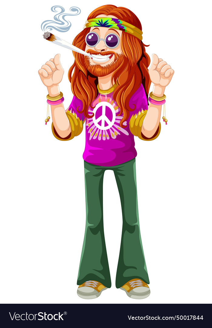 Cartoon hippie with peace sign and smoke Vector Image