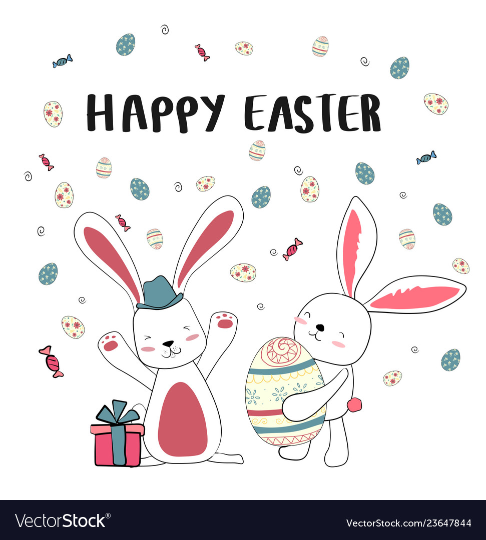 Happy two bunny with cute eggs easter card