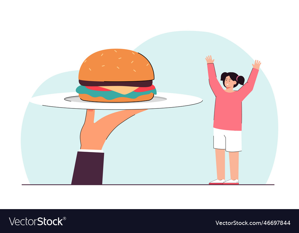 Huge hand offering hamburger on plate to tiny girl