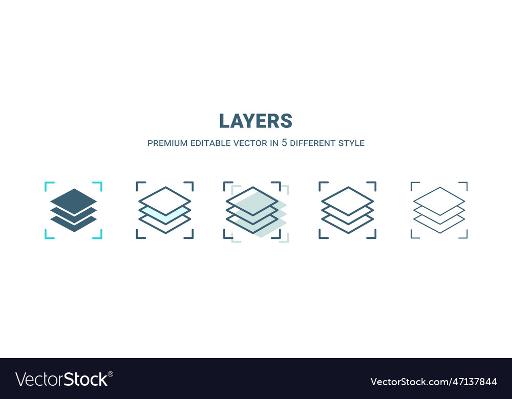 Layers icon in 5 different style outline filled vector image Layers icon in 5 different style outline filled