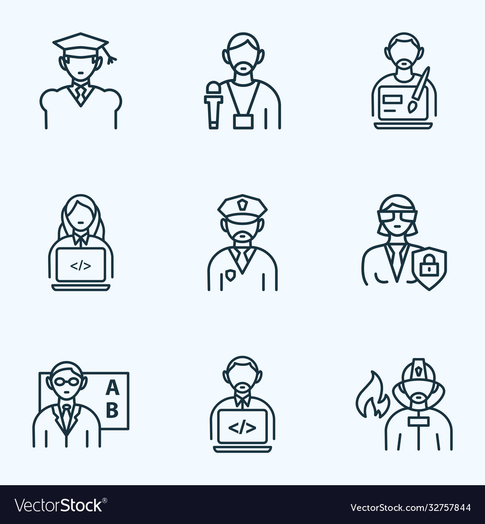 Occupation icons line style set with programmer vector image Occupation icons line style set with programmer