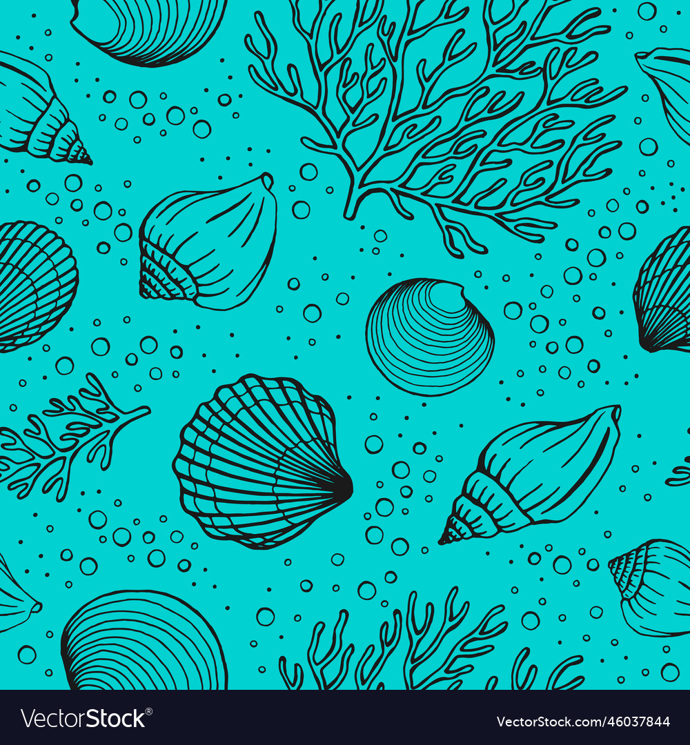 Seamless pattern with seashells corals marine