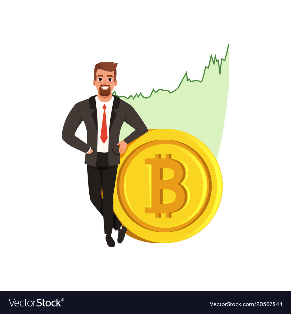 Successful businessman near golden bitcoin