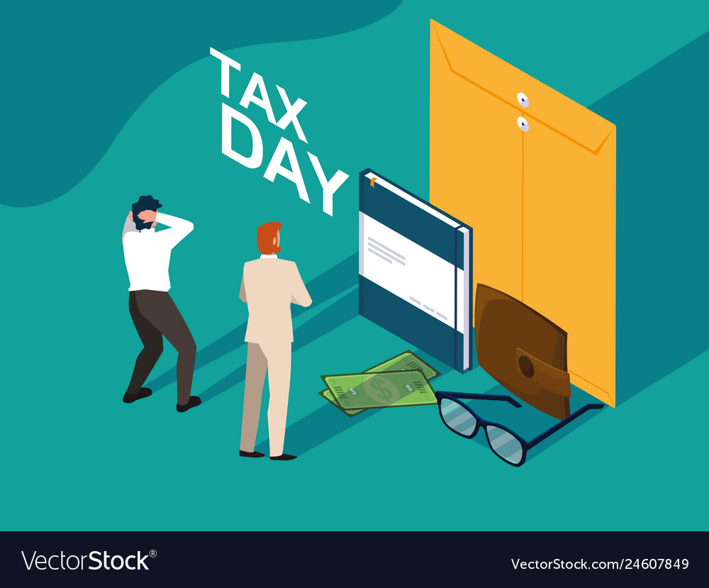 Geschäftsleute am Steuertag mit Umschlag und Icons vector image Geschäftsleute am Steuertag mit Umschlag und Icons