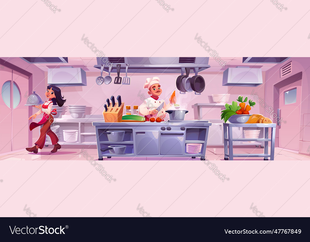 Male Chief Cooking Waitress Carrying Cloche Tray Vector Image 6838