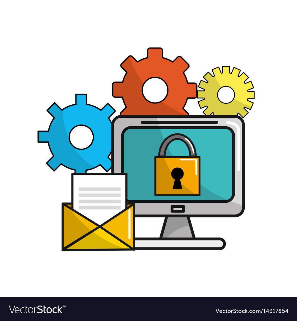 Computer with padlock security message and gears