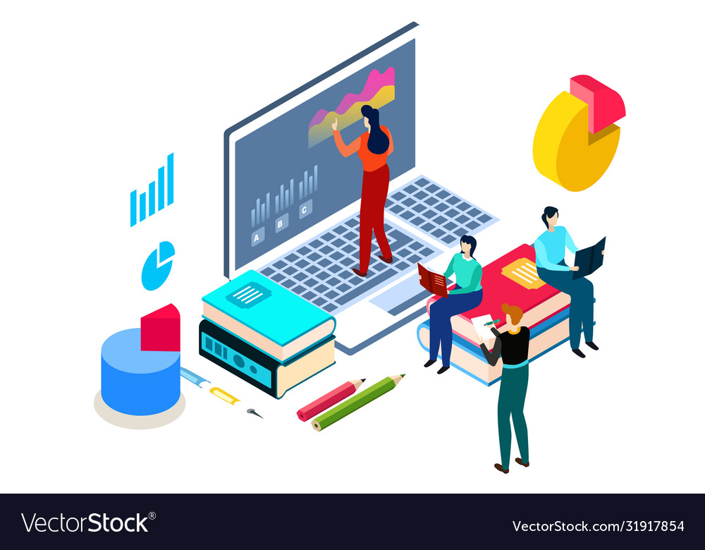 Concept online learn education tiny character vector image Concept online learn education tiny character
