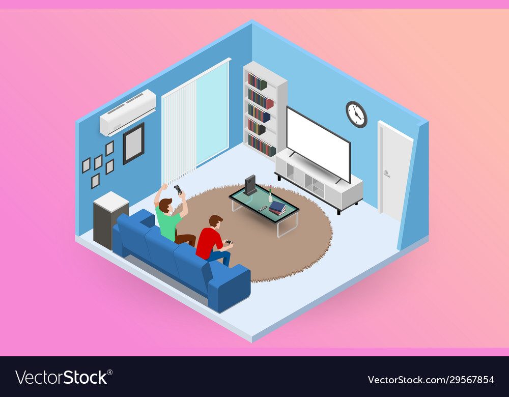 Couple men character playing a game console