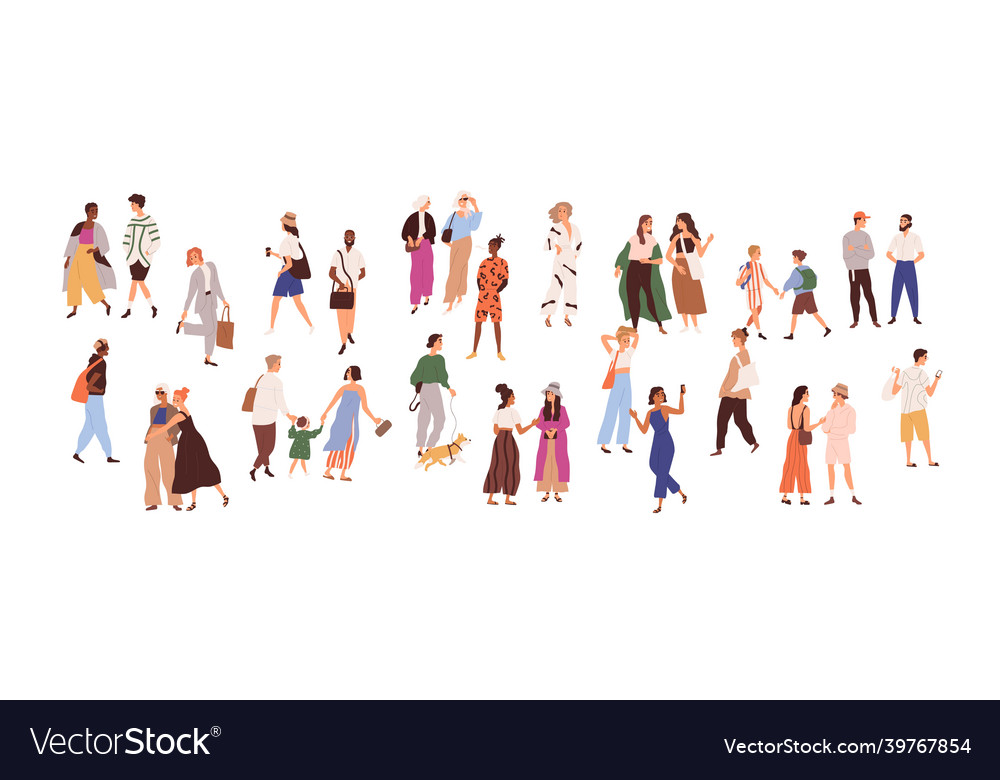 Men women and kids walking in crowd outdoors vector image Men women and kids walking in crowd outdoors