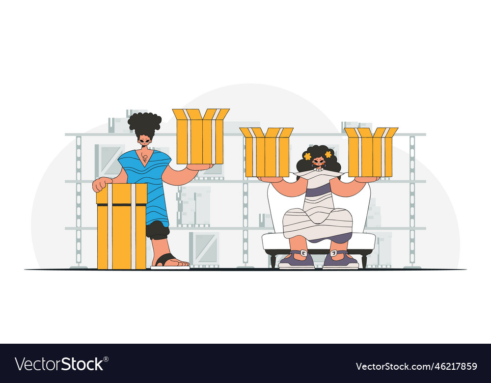 Charming woman and man are holding boxes vector image Charming woman and man are holding boxes