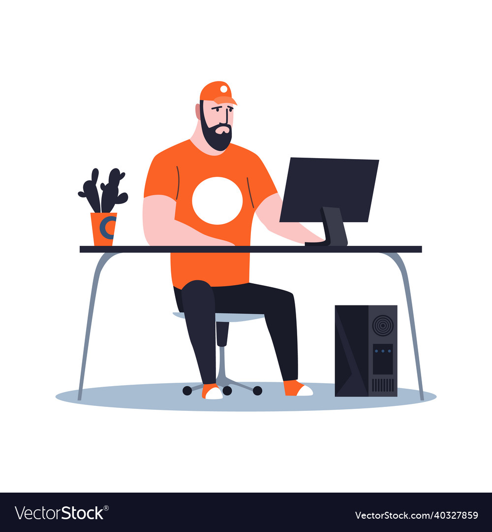 Male sysadmin working on computer to maintaining Vector Image Male sysadmin working on computer to maintaining