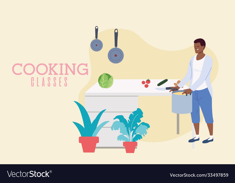 Young man cooking a delicious soup in classes Vector Image