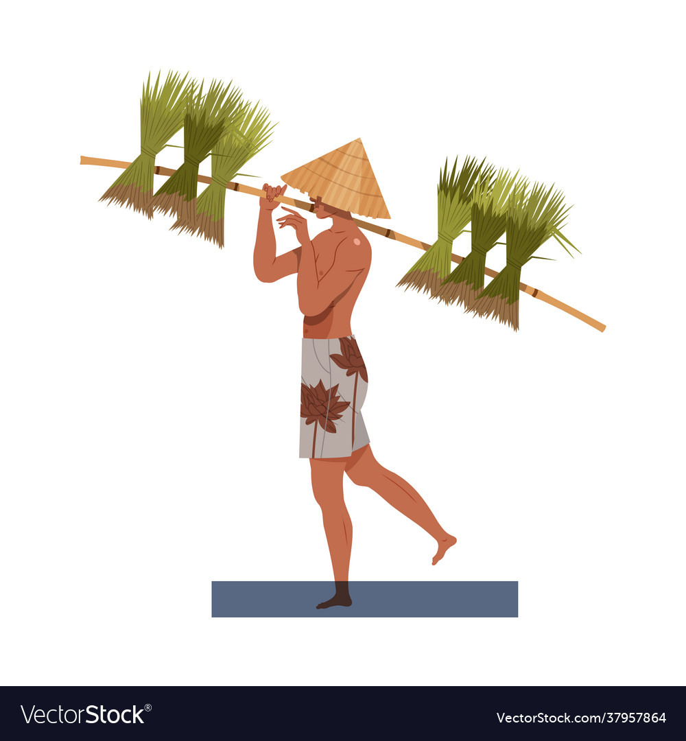 Asian farmer in straw conical hat carrying bundles