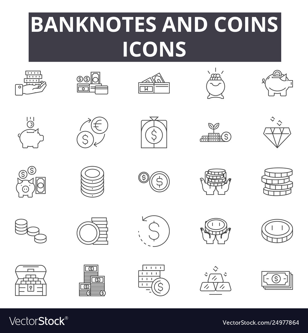 Bancnotes and coins line icons signs set