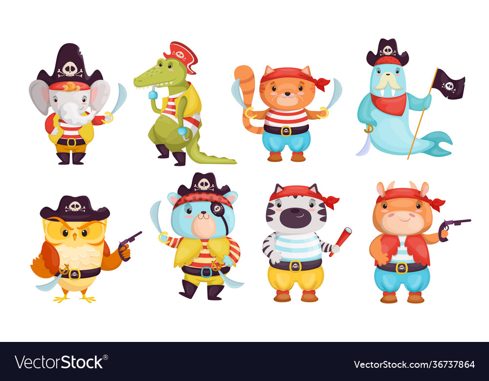 Bright funny pirate animals flat pictures set Vector Image