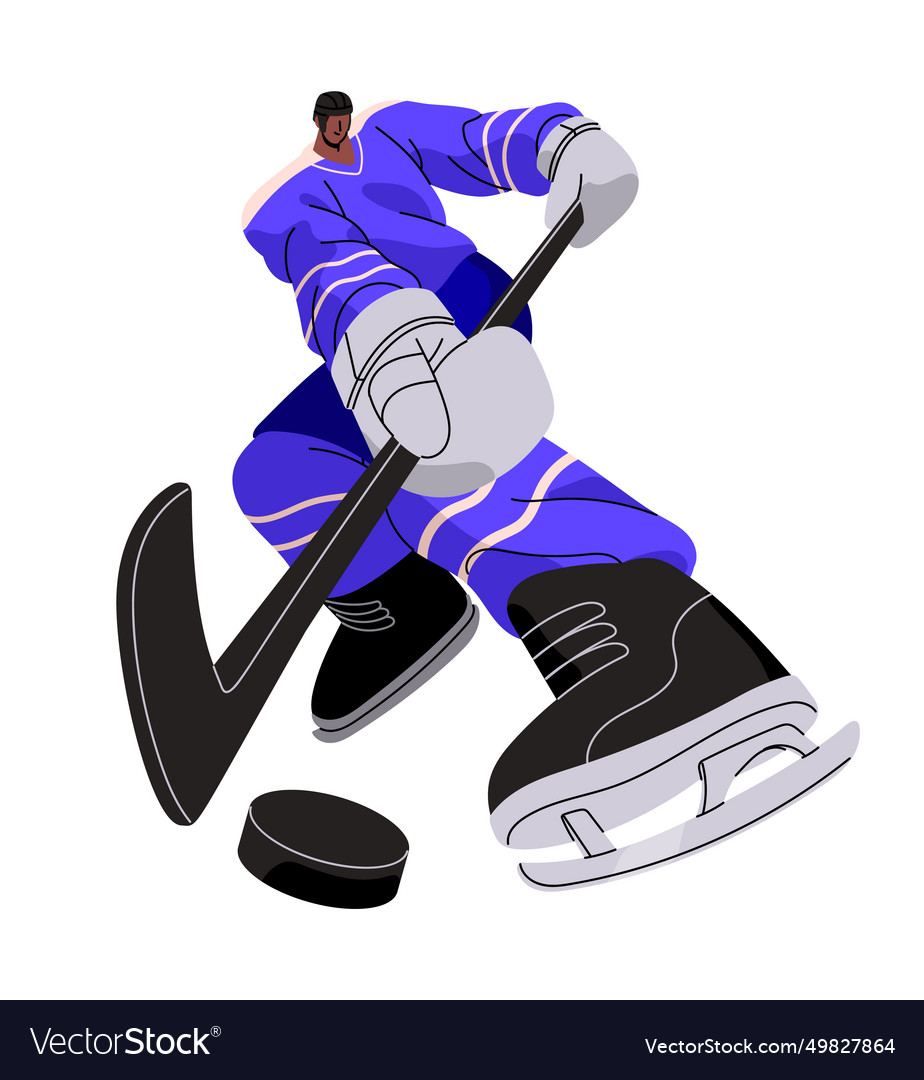 Professional hockey player hits puck with stick Vector Image