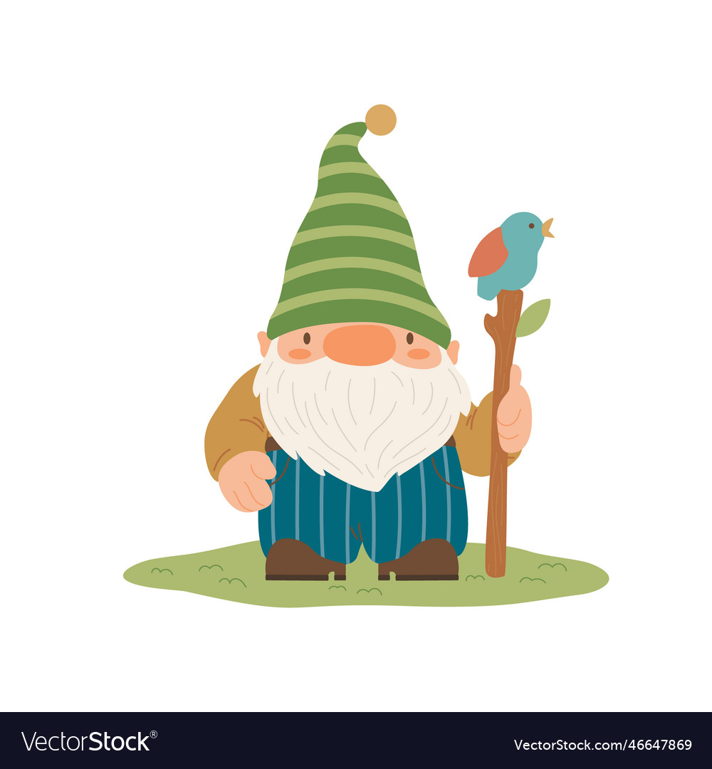 Garden gnome cute gnome or dwarf holding stick Vector Image