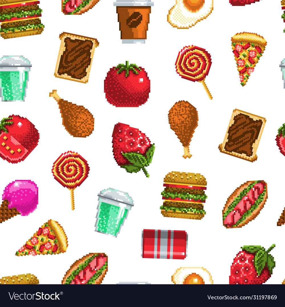Seamless pattern with food in pixel art style