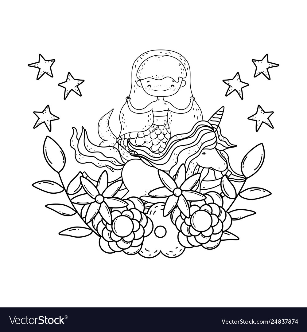 Cute mermaid with unicorn and floral decoration