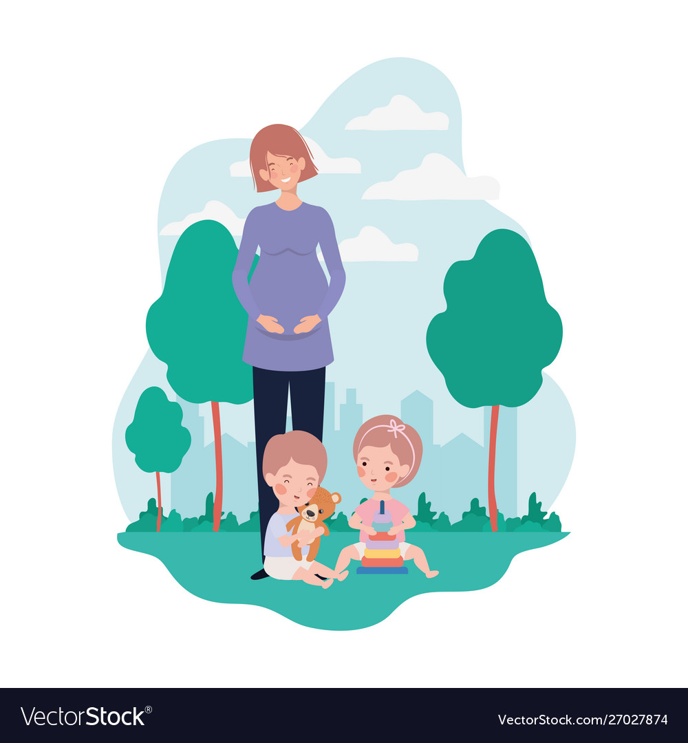 Cute pregnancy mother with little kids in camp Vector Image