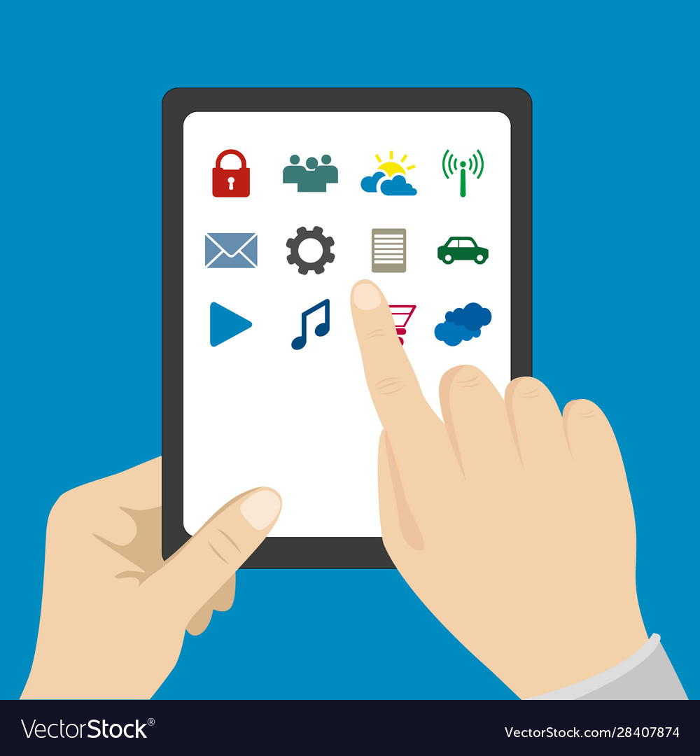 Hand touching blank screen tablet computereps vector image Hand touching blank screen tablet computereps