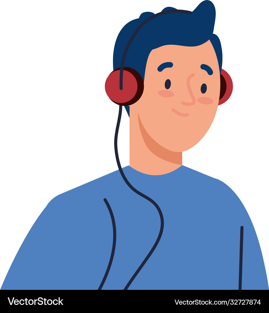 Young Man Using Headphones On White Background Vector Image