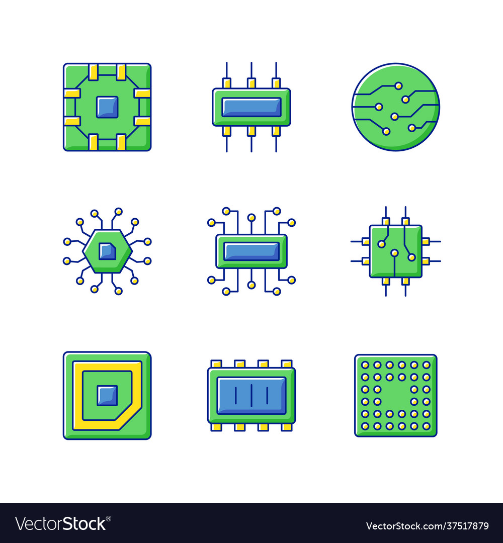 Microcircuits rgb color icons set