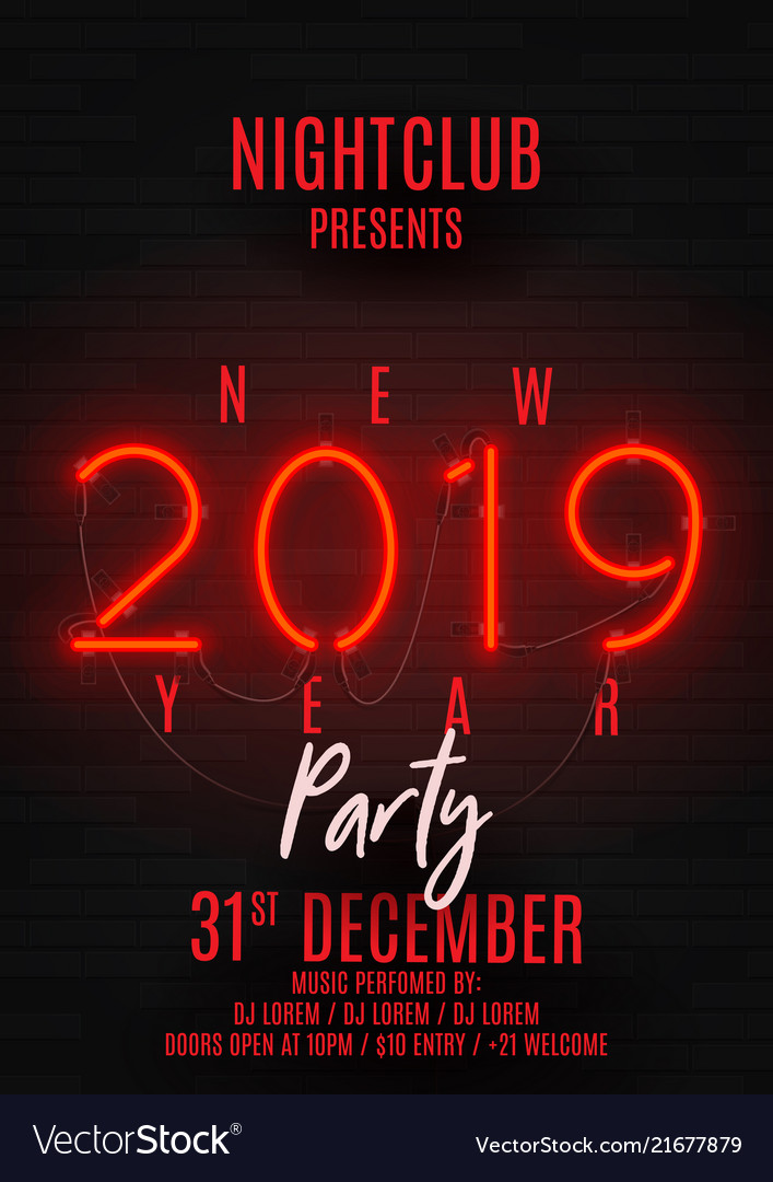 Neon poster for happy new year party vector image Neon poster for happy new year party