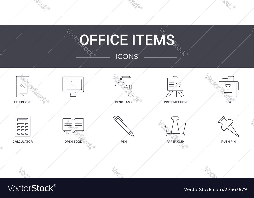 Office items concept line icons set contains vector image Office items concept line icons set contains