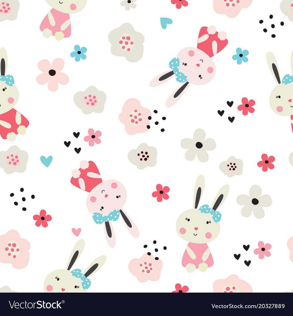 Seamless pattern with cute rabbits and flowers Vector Image