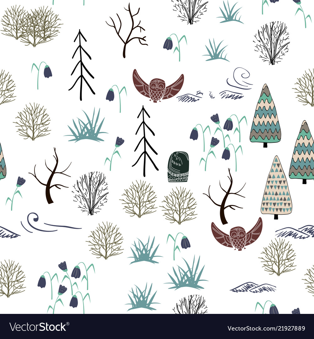 Seamless pattern with forest elements and hand vector image Seamless pattern with forest elements and hand