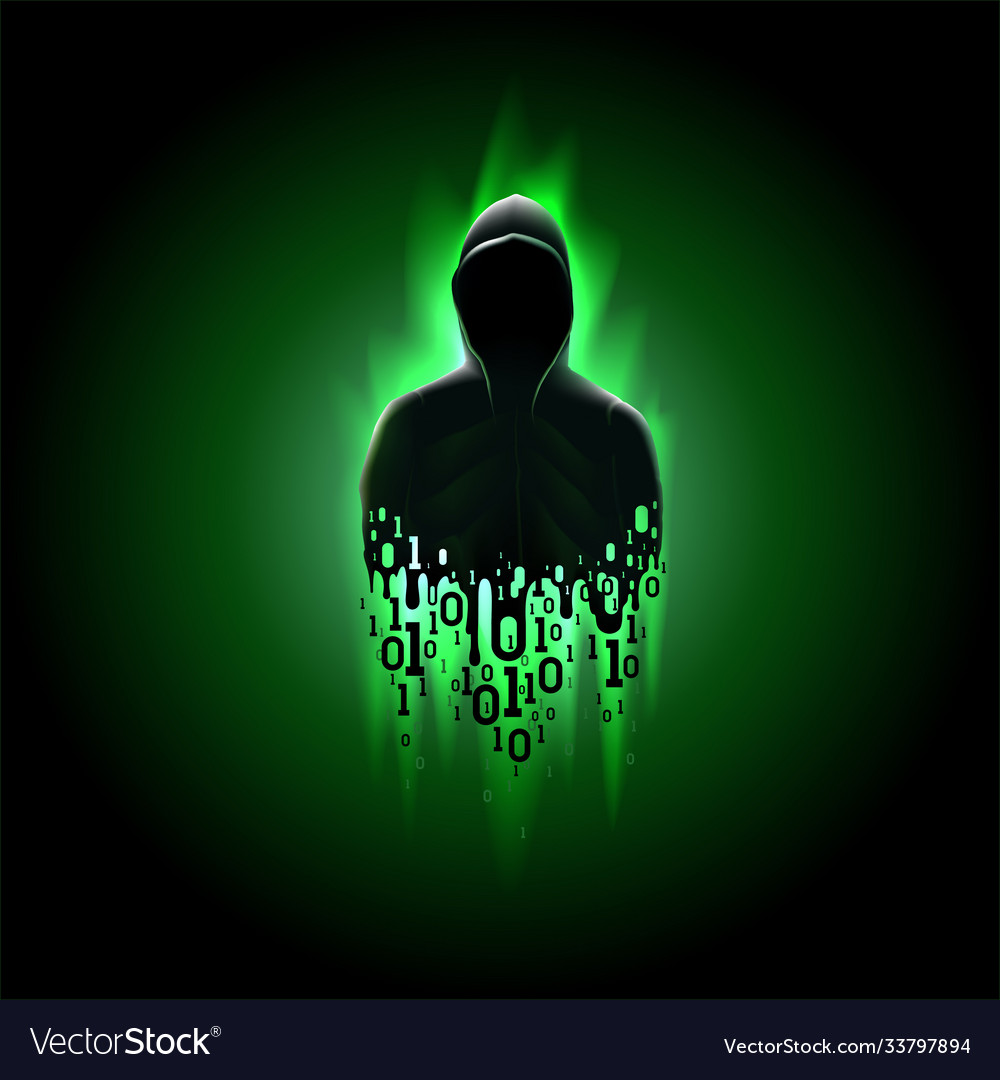 Silhouette ein Hacker in Kapuze mit Binärcode