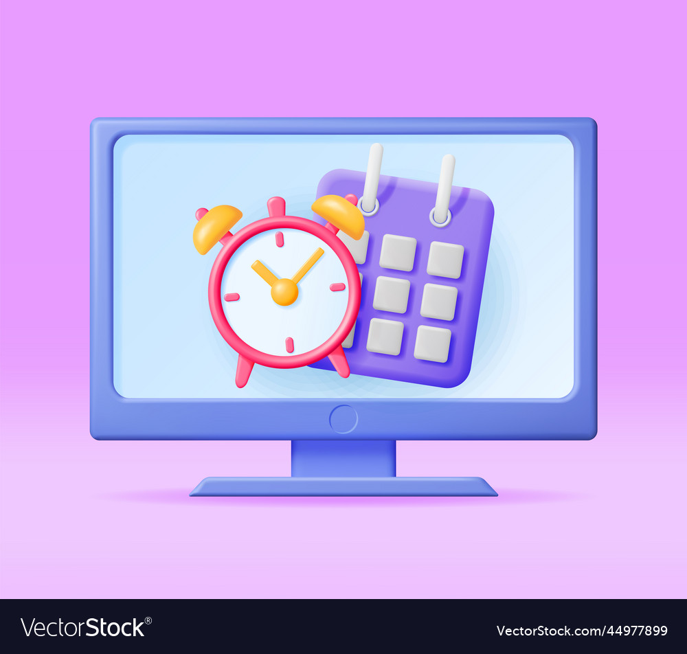3d paper spiral calendar and clock on computer vector image 3d paper spiral calendar and clock on computer
