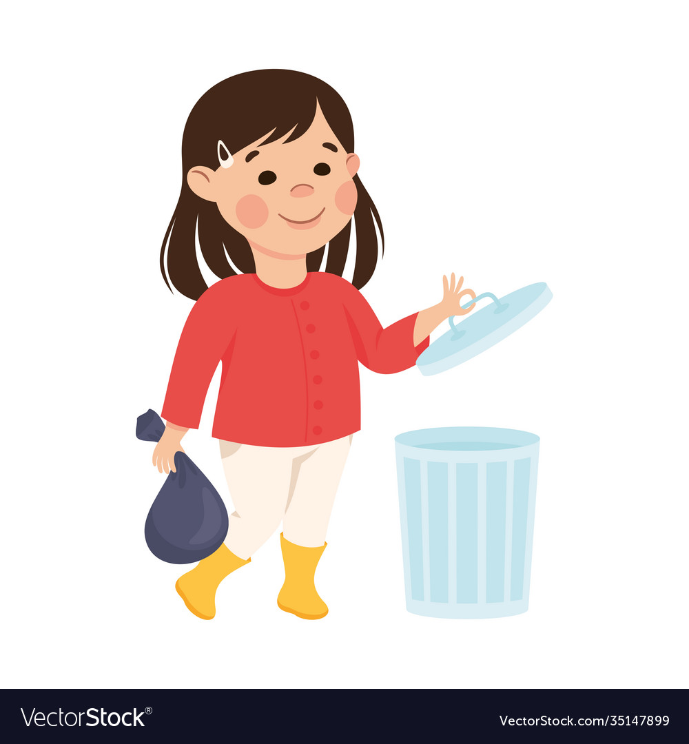 Cute girl throwing garbage into trash can kid Vector Image