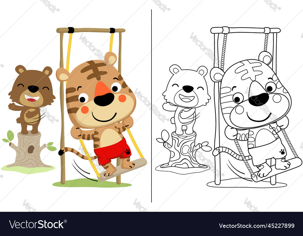 Tiger and bear playing swing coloring book or page vector image Tiger and bear playing swing coloring book or page