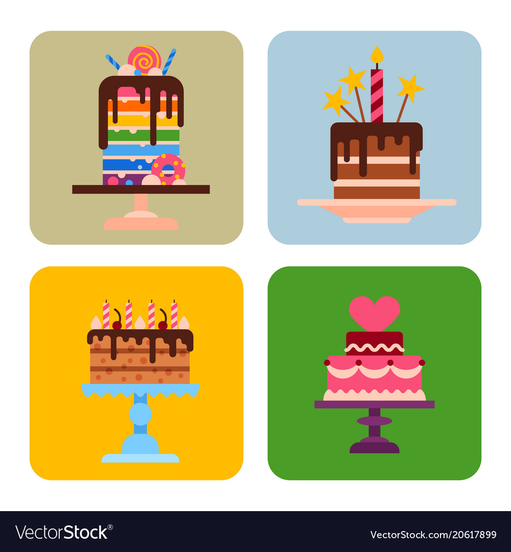 Wedding or birthday pie cakes cards flat sweets vector image Wedding or birthday pie cakes cards flat sweets