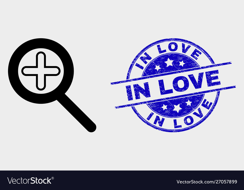 Zoom in icon and grunge love stamp seal